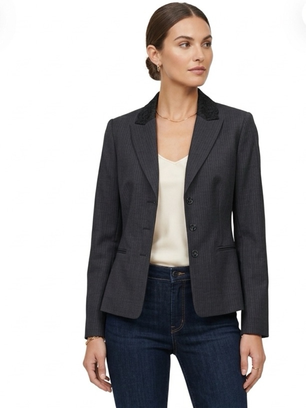 Tahari Jacket Womens Navy Blue Long Sleeve Two Button Lace Collar Blazer Size 2